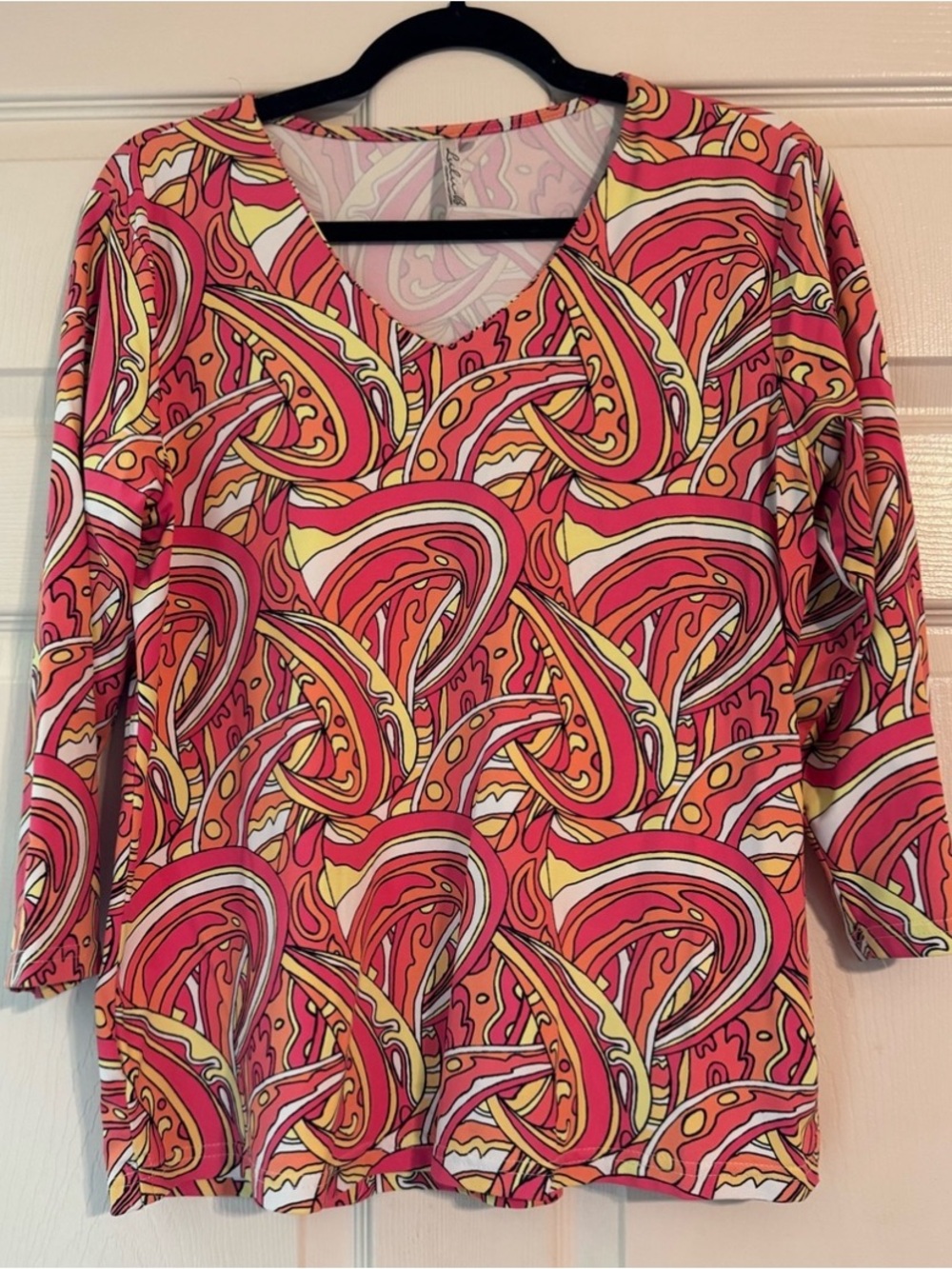 Lulu-B: V-Neck Tunic in Coral, Yellow & White Paisley Print